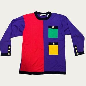 Vintage 80s Color Block  Wool Blend Sweater w/ Gold Heart, Spade, and Club Sz M